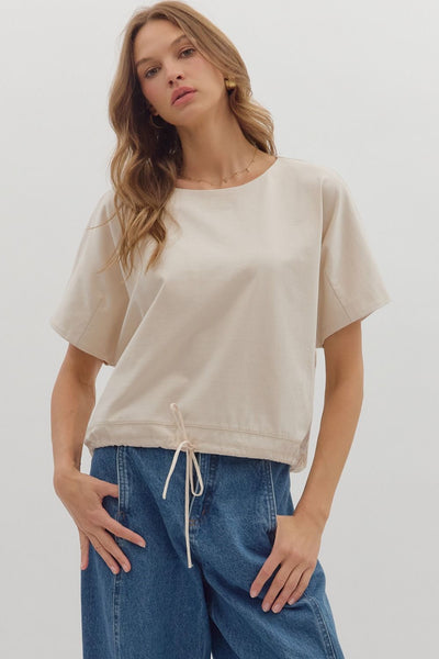 in my place drawstring hem knit top | ecru