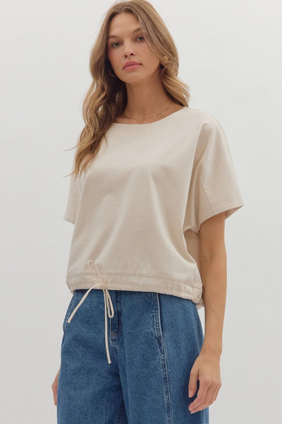 in my place drawstring hem knit top | ecru