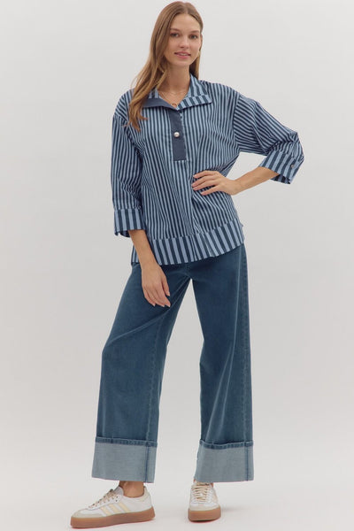 any given moment striped pearl button top | navy