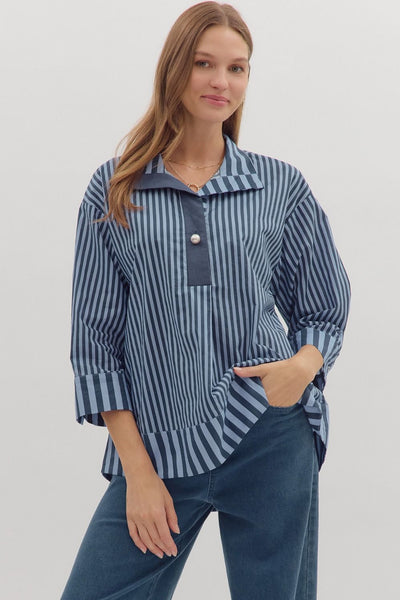 any given moment striped pearl button top | navy