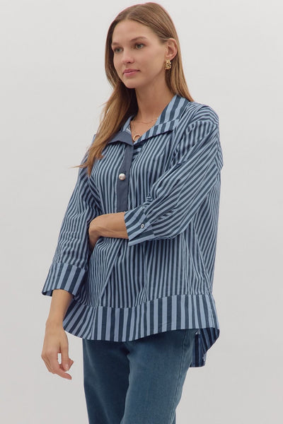 any given moment striped pearl button top | navy