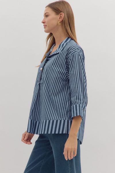 any given moment striped pearl button top | navy