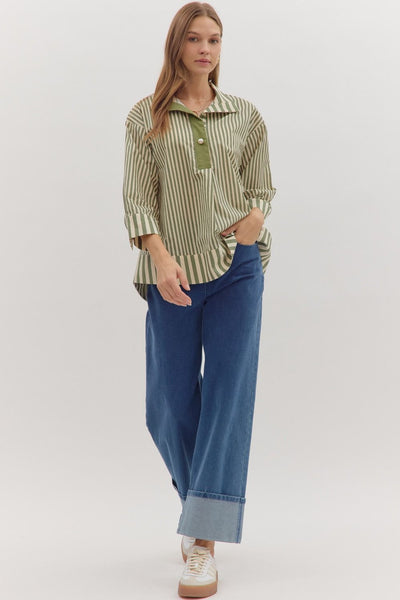 any given moment striped pearl button top | olive