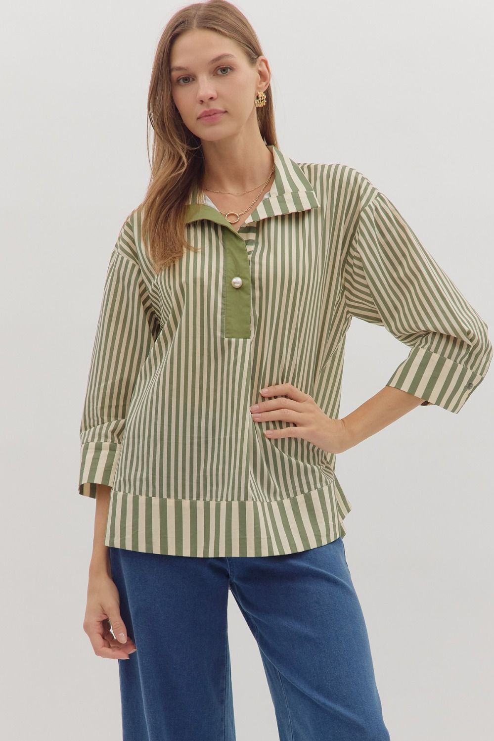 any given moment striped pearl button top | olive