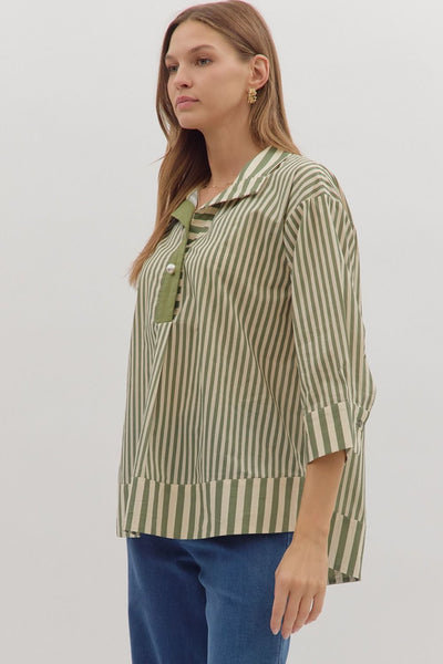 any given moment striped pearl button top | olive