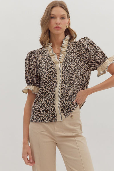 leader of the pack leopard puff sleeve top | taupe