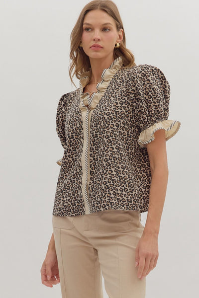 leader of the pack leopard puff sleeve top | taupe