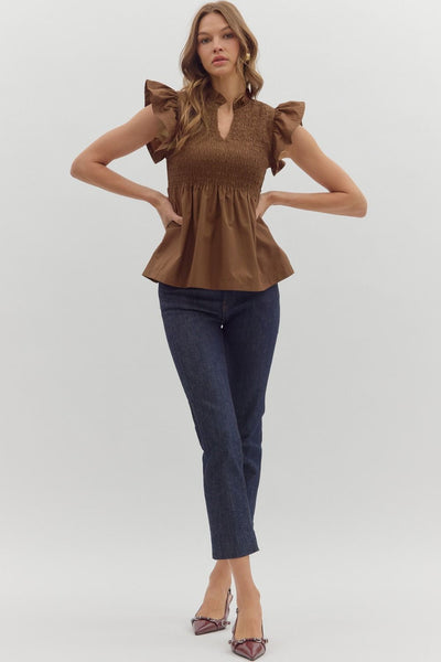had to be there smocked flutter sleeve peplum top | coffee