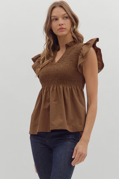 had to be there smocked flutter sleeve peplum top | coffee