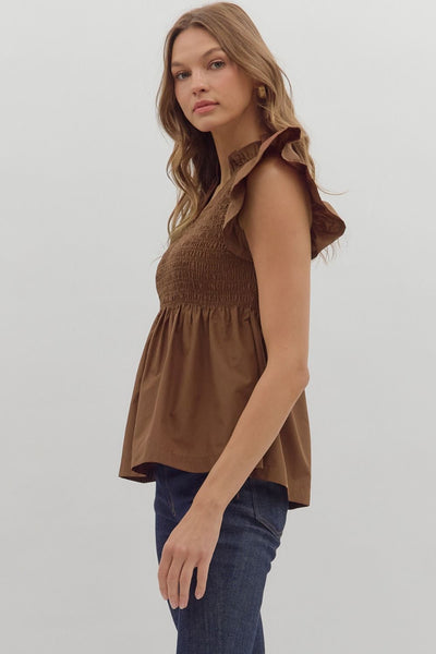 had to be there smocked flutter sleeve peplum top | coffee