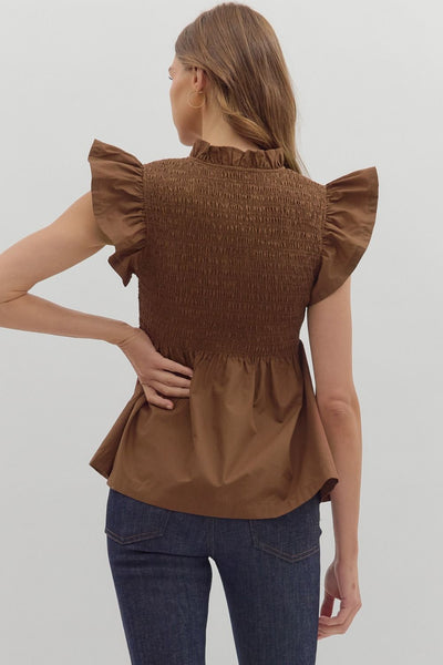 had to be there smocked flutter sleeve peplum top | coffee