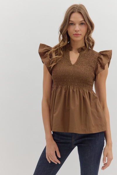 had to be there smocked flutter sleeve peplum top | coffee