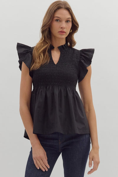 had to be there smocked flutter sleeve peplum top | black