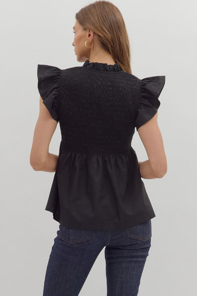 had to be there smocked flutter sleeve peplum top | black