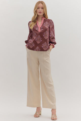 for good reason ruffle trim floral top | burgundy