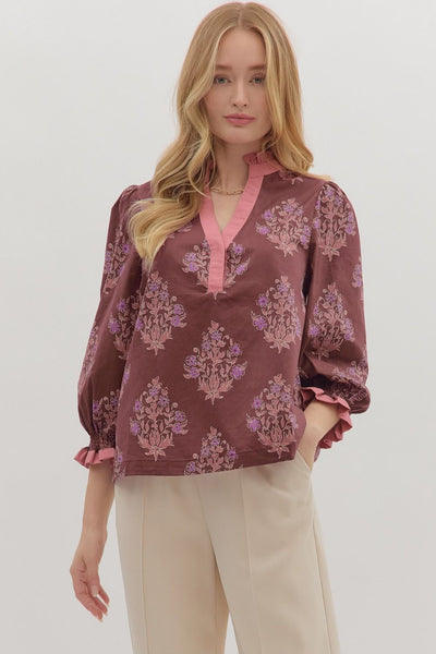 for good reason ruffle trim floral top | burgundy