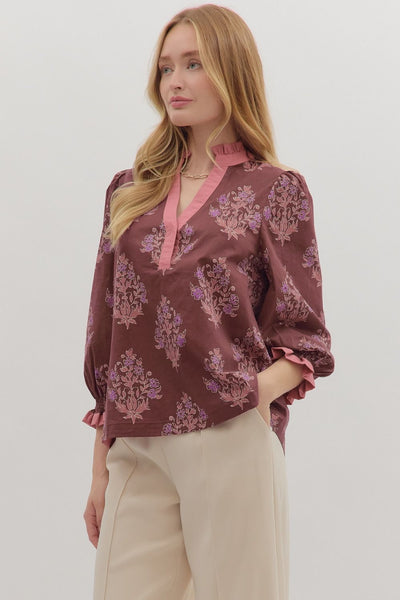 for good reason ruffle trim floral top | burgundy