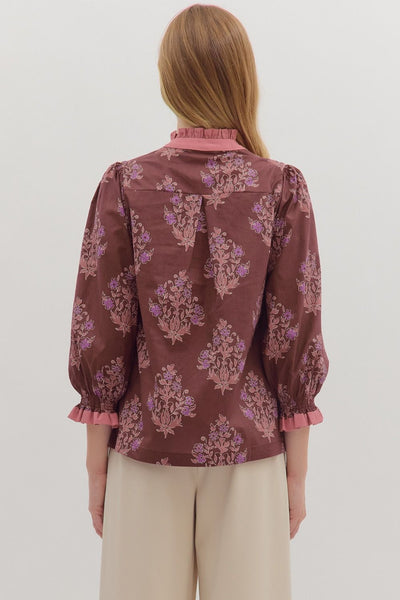 for good reason ruffle trim floral top | burgundy