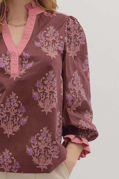 for good reason ruffle trim floral top | burgundy