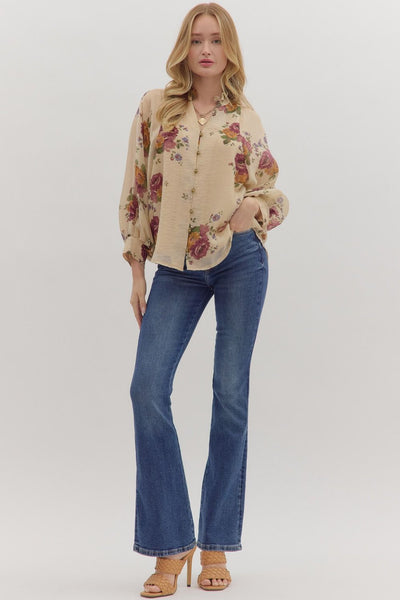 rain brings flowers puff sleeve button up top | ecru
