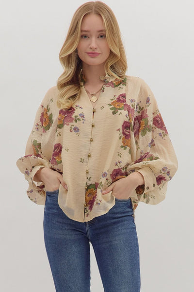 rain brings flowers puff sleeve button up top | ecru