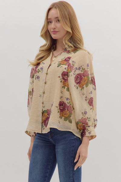 rain brings flowers puff sleeve button up top | ecru