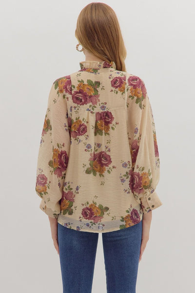 rain brings flowers puff sleeve button up top | ecru