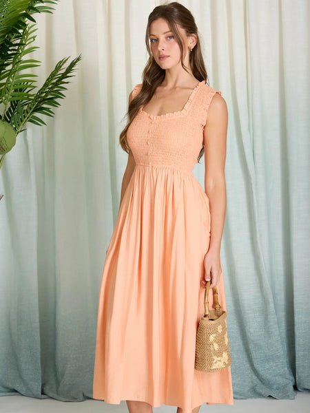 it just works smocked mock neck midi dress | light orange
