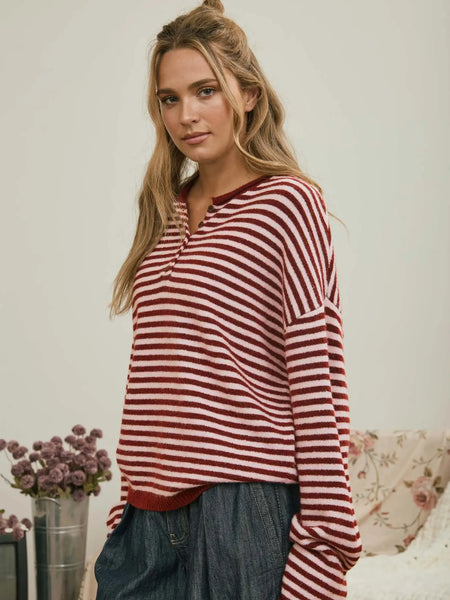 watch her work striped button henley | red