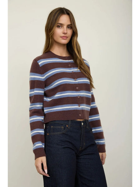 on the list striped knit cardigan | brown + blue