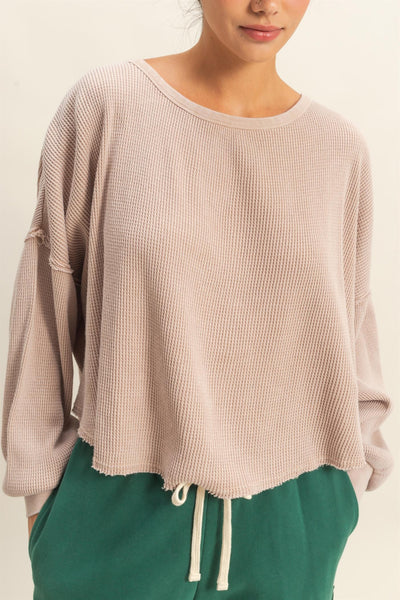 simple joys mineral wash drop shoulder waffle knit top | light taupe