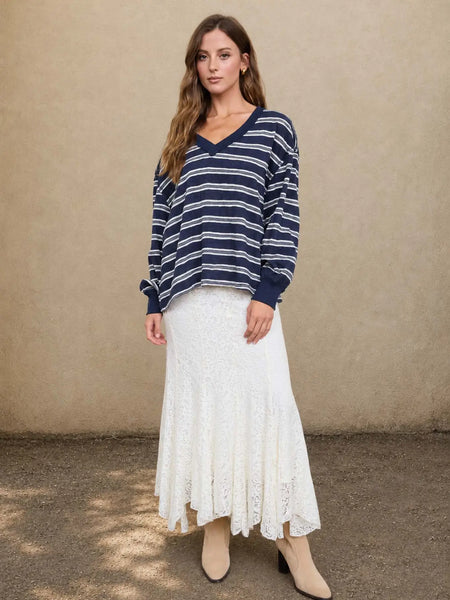 take it slow striped long sleeve knit top | navy