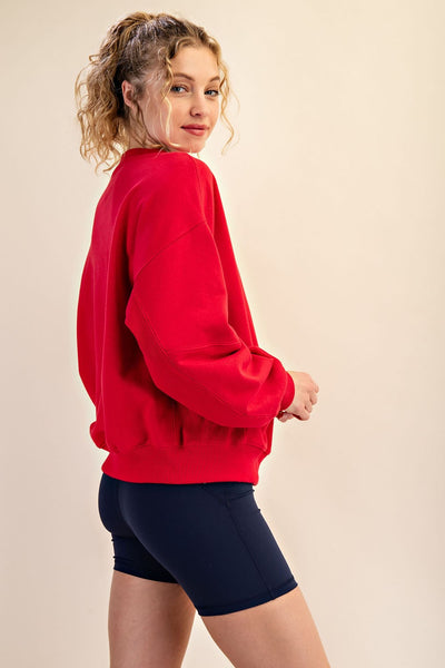 softly stated french terry pullover | true red