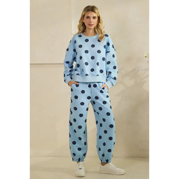 dots for days polka dot sweatpants | sky blue + navy