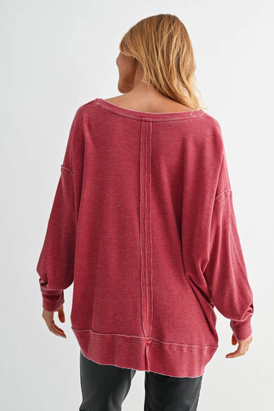 dream about you oversized waffle knit top | garnet red