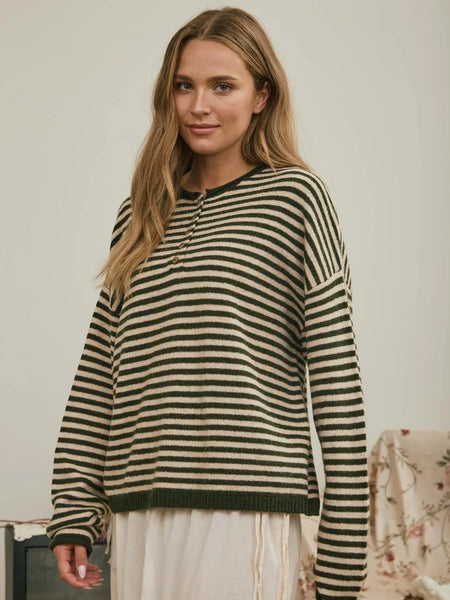 watch her work striped button henley | olive