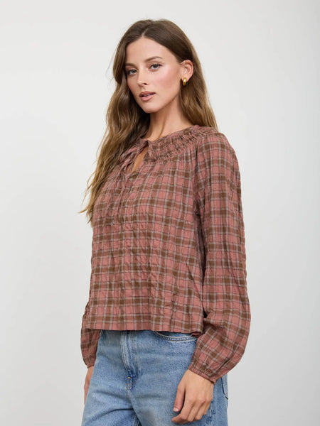 heartfelt memories plaid shirred yoke top | brown