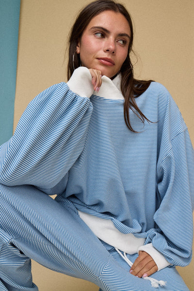 keep it straight striped mock neck + pant set | blue