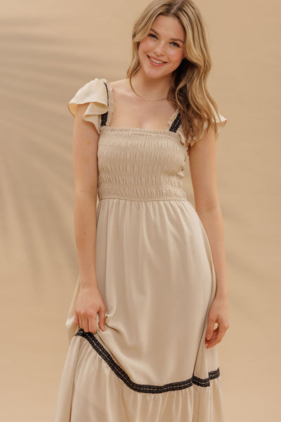 leading the way smocked ruffle midi dress | khaki