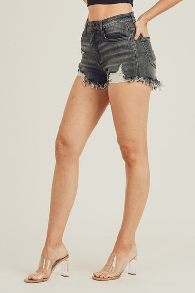 krista distressed denim shorts | dark grey