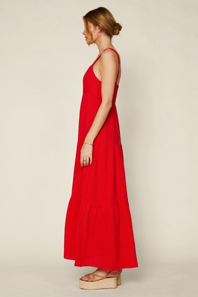 bold statement tiered maxi dress | red