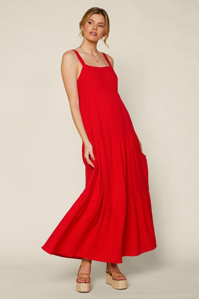bold statement tiered maxi dress | red