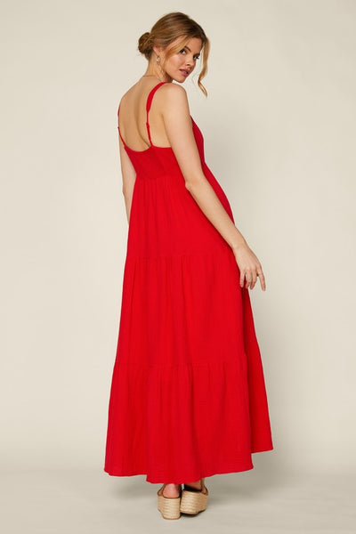 bold statement tiered maxi dress | red