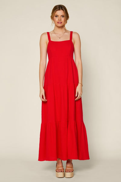 bold statement tiered maxi dress | red