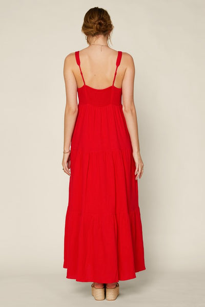 bold statement tiered maxi dress | red