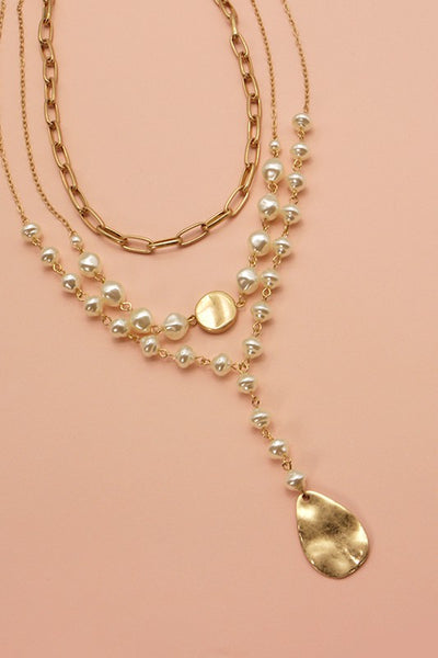 pearl coin triple layer necklace | matte gold