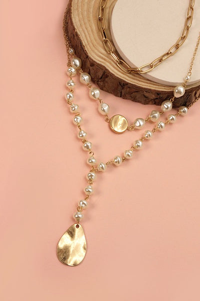 pearl coin triple layer necklace | matte gold