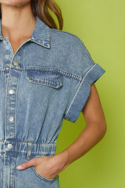 power trip distressed denim romper | vintage blue