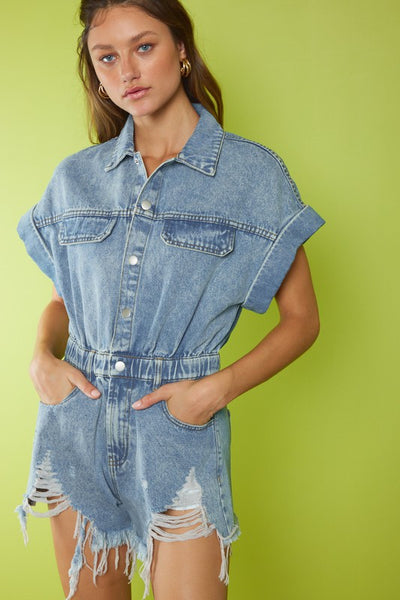 power trip distressed denim romper | vintage blue