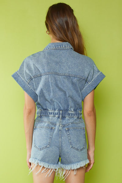 power trip distressed denim romper | vintage blue